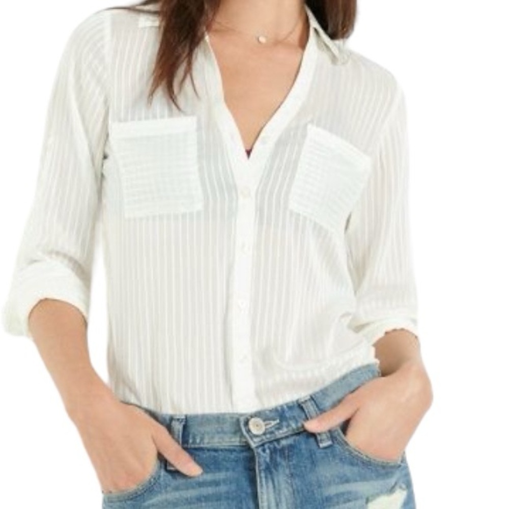 EXPRESS The Portofino Shirt, Slim Fit White Stripe Sheer Button Top Women Medium